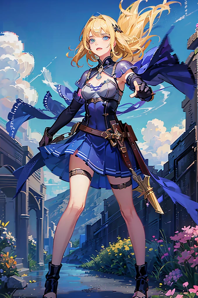 teen girl, roman warrior, princess blade , 14 years old, teenager girl,, small breasts, mini cropped, valkyrian princess ,blonde, detailed face, beautiful, confiant, background in uk land with flowers
