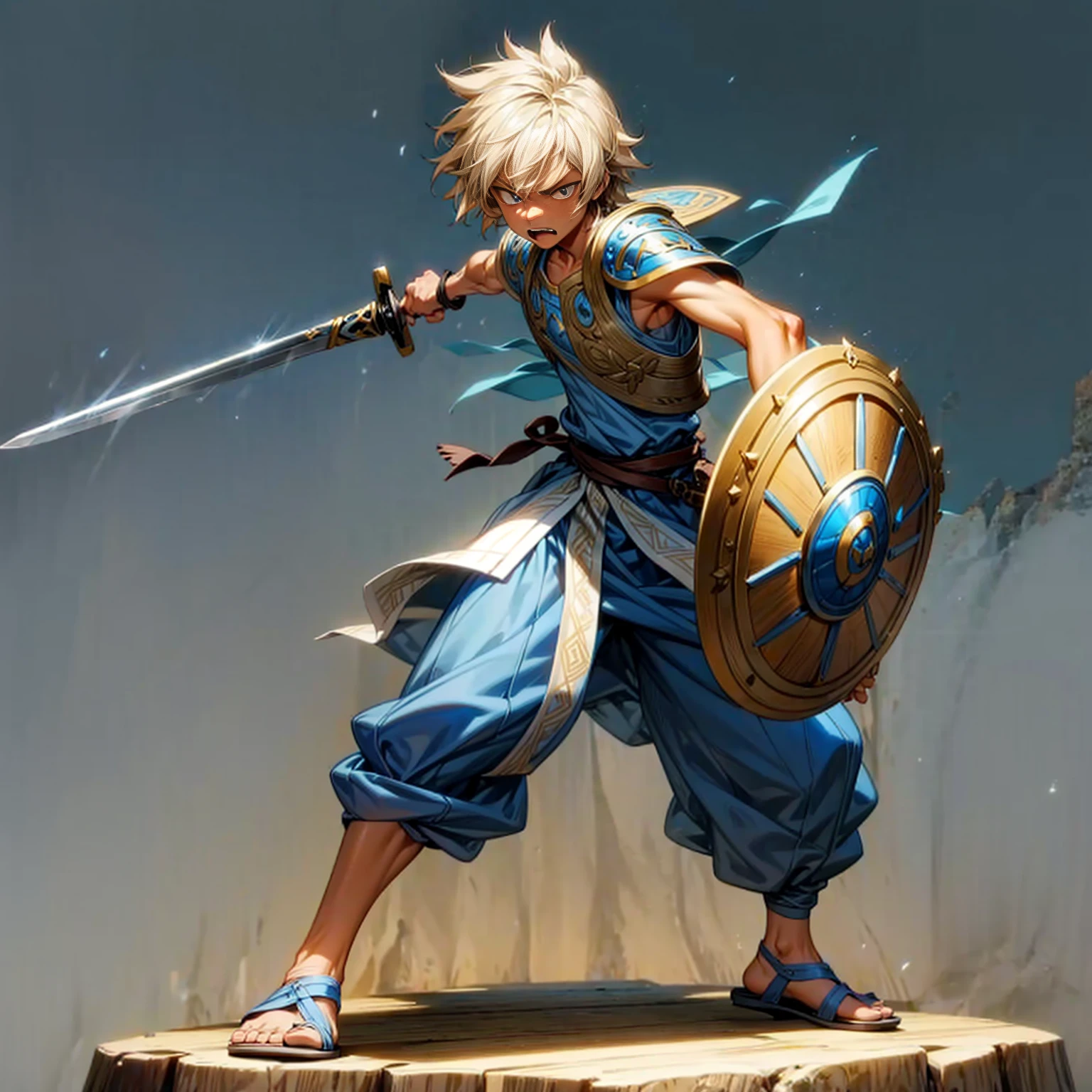 1boy, Full body version, 1character, blue eyes, Tan skin, long Shaggy hairstyle, blonde colour hair, angry expression, ancient Greek clothing, blue colour clothing, ancient Greek sandals, wood sword in hand, small shield wood in hand, wood armor vest, Grassroots background in beach, motion blur,