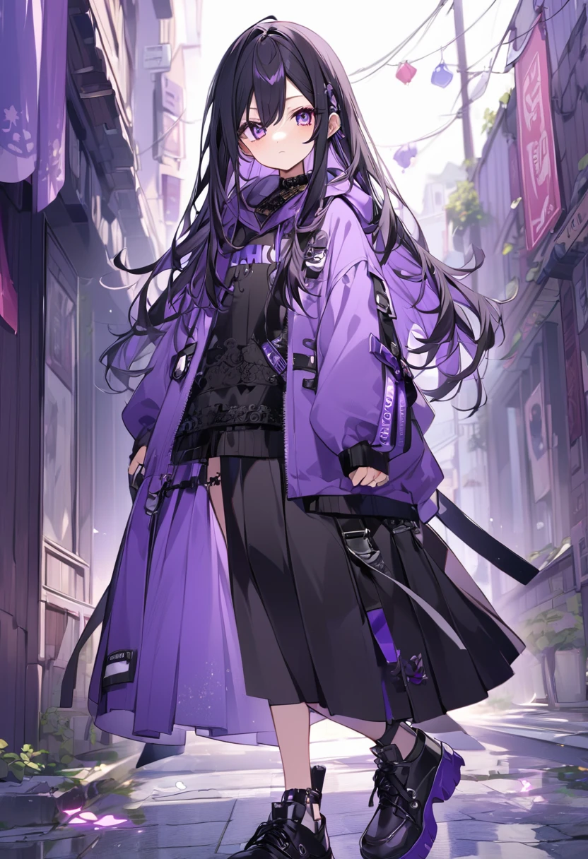 Keito。Purple Eyes。Black Hair。Purple Skirt。Black shoes下。Black shoes。Purple hoodie。long hair