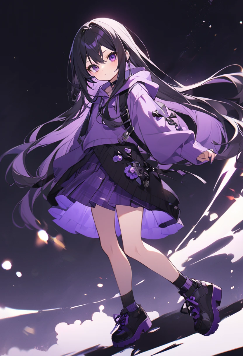 Keito。Purple Eyes。Black Hair。Purple Skirt。Black shoes下。Black shoes。Purple hoodie。long hair