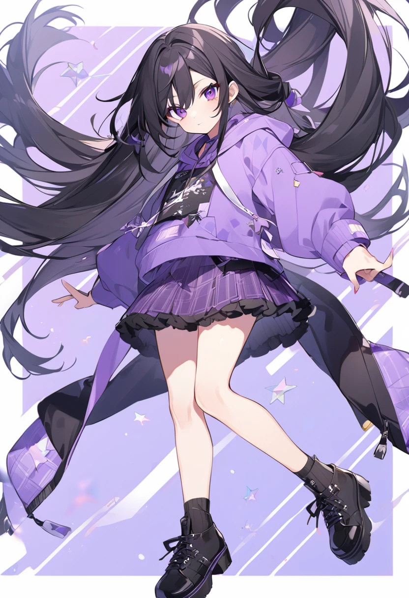 Keito。Purple Eyes。Black Hair。Purple Skirt。Black shoes下。Black shoes。Purple hoodie。long hair