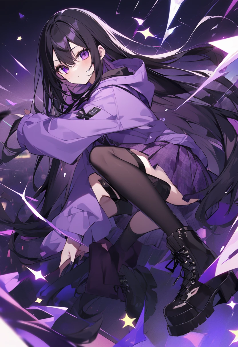 Keito。Purple Eyes。Black Hair。Purple Skirt。Black shoes下。Black shoes。Purple hoodie。long hair