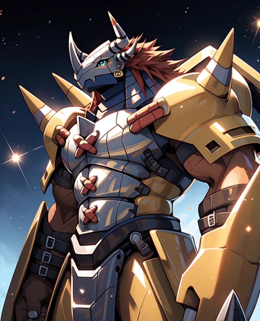 Masterpieces,official art,anthro,male,(wargreymon:1.2),Delicate face,Delicate eyes,helmet, armor, horn, digimon, upper body, depth of field, perfect lighting, light particles,(best quality),(masterpiece),(ultra detailed),sharp focus,light particles