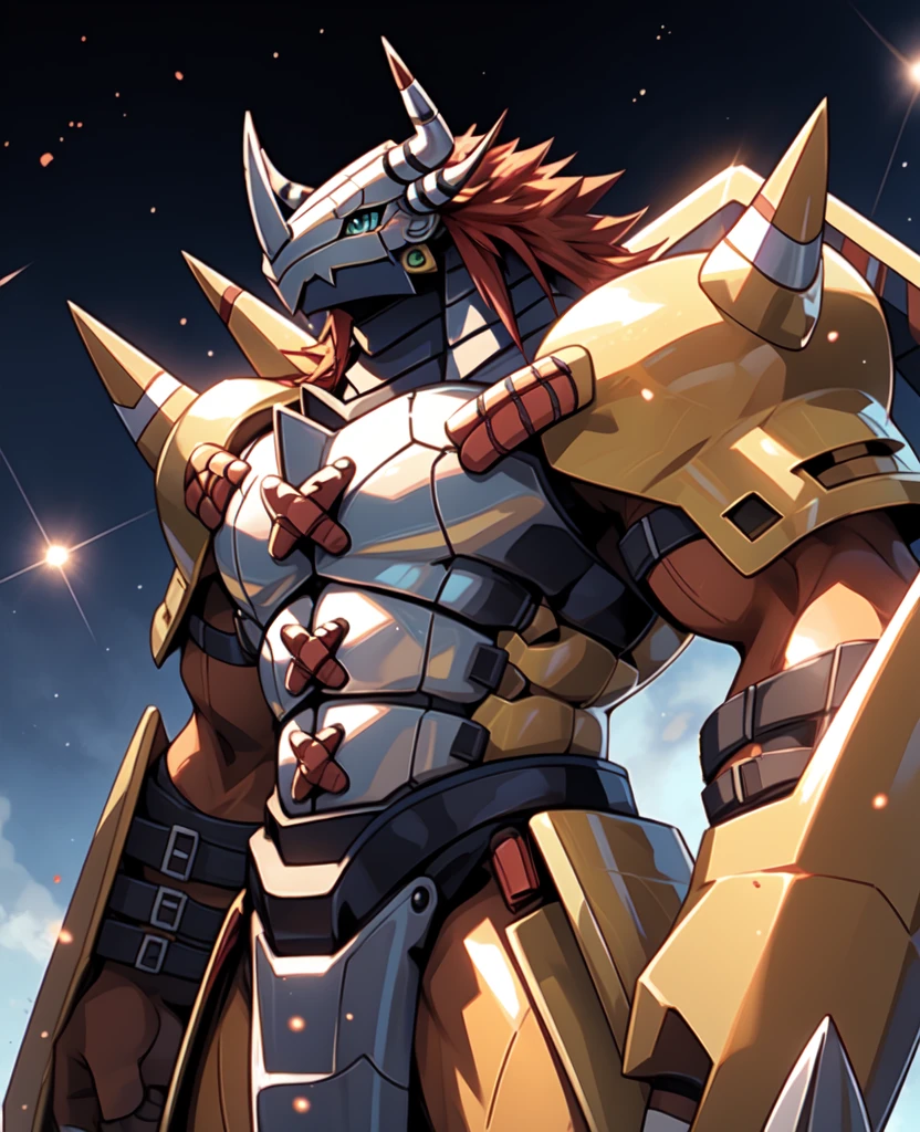 Masterpieces,official art,anthro,male,(wargreymon:1.2),Delicate face,Delicate eyes,helmet, armor, horn, digimon, upper body, depth of field, perfect lighting, light particles,(best quality),(masterpiece),(ultra detailed),sharp focus,light particles