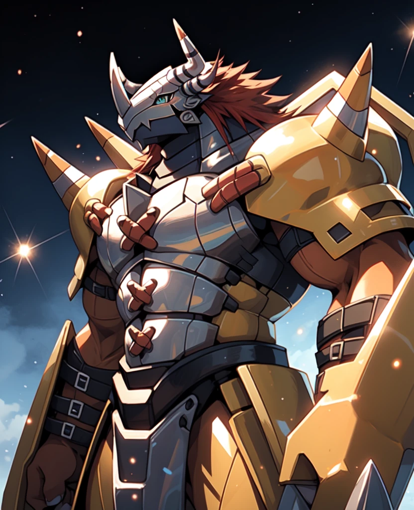 Masterpieces,official art,anthro,male,(wargreymon:1.2),Delicate face,Delicate eyes,helmet, armor, horn, digimon, upper body, depth of field, perfect lighting, light particles,(best quality),(masterpiece),(ultra detailed),sharp focus,light particles