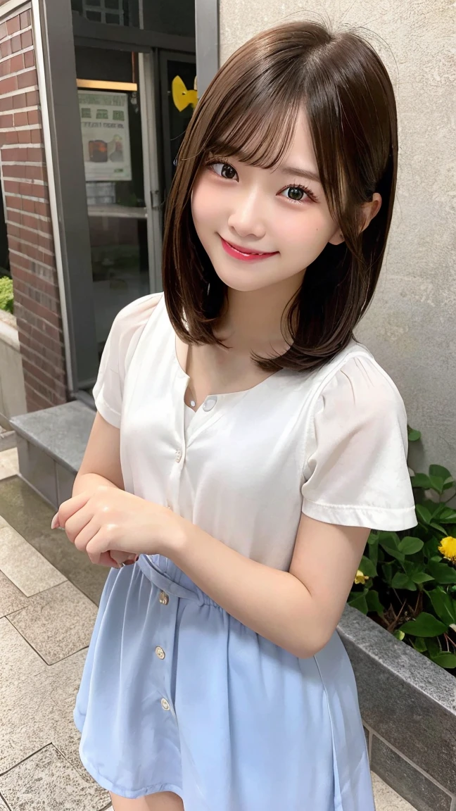 8K、best image quality、smile、masterpiece、spring、short hair、fine eyes、small breasts、A refreshing smile、Female college student、Dimples、New dresses for spring、Clear system、attending university、Ruck sack
