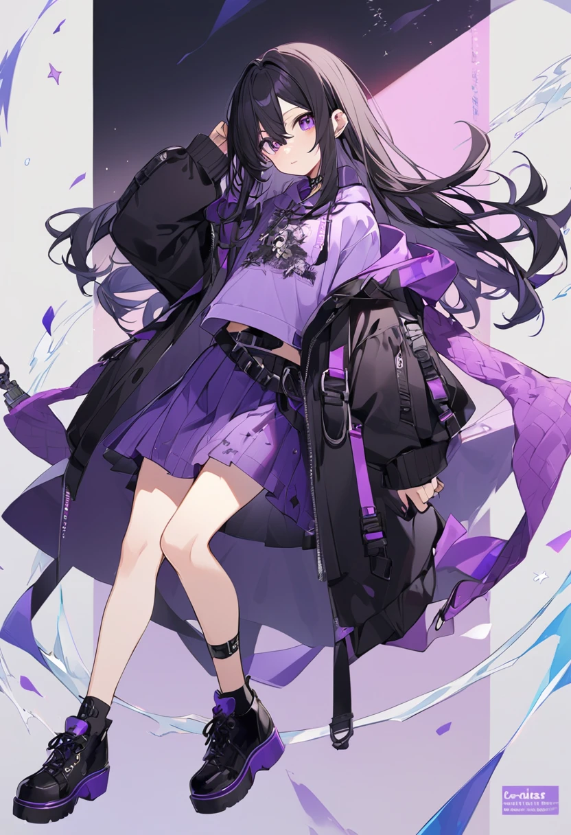 Keito。Purple Eyes。Black Hair。Purple Skirt。Black shoes下。Black shoes。Purple hoodie。long hair