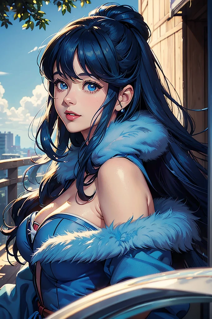 (((Masterpiece ,Best Quality, Highest quality realistic retro anime...))),(((Style Zooey Deschanel))), blue dress, top wo nerae!, 1 girl, alone, ((hyper realistic long blue fur)), looking at the viewer, SMILE, Hits,White shirt ,((very detailed and realistic light blue eyes)), Closed mouth, (((Masterpiece ,Best Quality, Highest quality realistic retro anime...))),(((Style Giselle yuto de Pokémon ))), blue dress, top wo nerae!, 1 girl, alone, ((hyper realistic long blue fur)), looking at the viewer, SMILE, Hits,highly detailed light blue eyes shirt, Closed mouth, blue fur, exterior, sky, day, cloud, tree, blue sky, lips, separate blows, eyelashes, make up, light SMILE, lipstick, portrait, close up, ((retro Best Quality, hyper realistic highest quality artStyleo)), 1980s  ,fine blue hair with very real details))exterior, sky, day, cloud, tree, blue sky, lips, separate blows, eyelashes, make up, light SMILE, lipstick, portrait, close up, ((retro Best Quality, hyper realistic highest quality artStyleo)), 1980s (Style