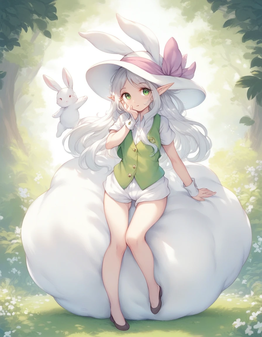 BREAK Perfect Anatomy、(High resolution:1.2)、Incredible illustrations、(Cute illustrations:1.2)、(Beautiful background) White Rabbit(a girl,Elf 1.5meters, 40kg)(Bunny girl,vest,silk hat),Full body view