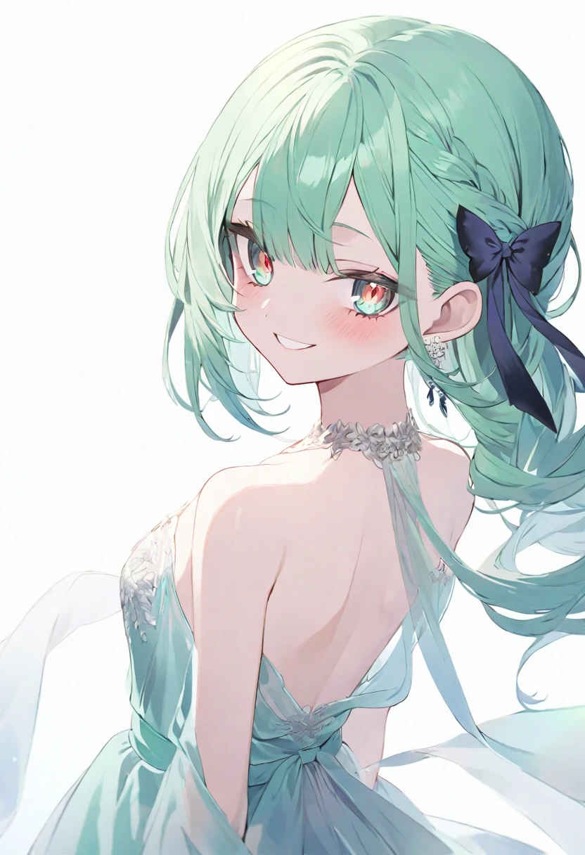 (muste piece), (best quality), very detailed eyes, expressive eyes, perfect face, very detailed face, highly detailed face, beautiful girl, 8K, beautiful girl, white background, delicate and beautiful face and eyes, dark intense shadow, 
1 girl, vtuber style, cool girl, hololive, uruha rushia, green hair, see-through:evening dress, small chest, cropped shoulders, clavicle from behind, looking back, smile, (whole body), standing,