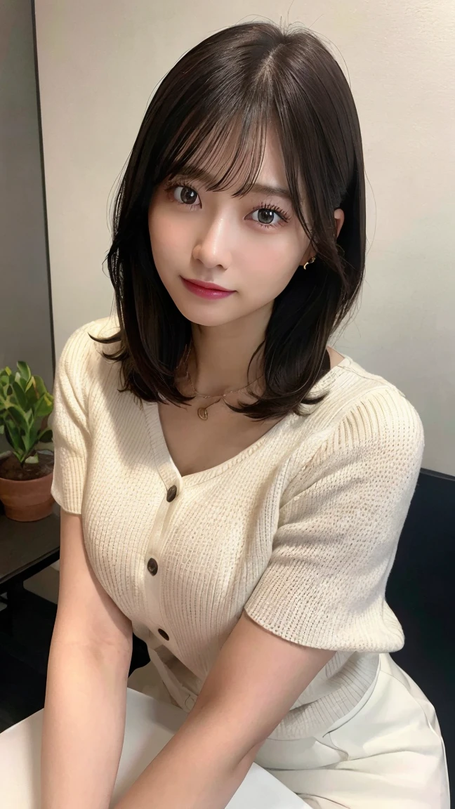 (table top,highest quality)), (photo-realistic:1.4),(((table top,8k)),white wall,(white room),((full body photo))),Photographed in natural light,Highly detailed face and skin texture,highly detailed lips,correct state of the human body,ultra high resolution,(Photoreal:1.4),highest quality, 1 beautiful woman, 38 years old, s, 60mm lens, light beige knit,(medium hair),japanese woman,(black hair),Various poses,looking at camera,natural lip color, necklace