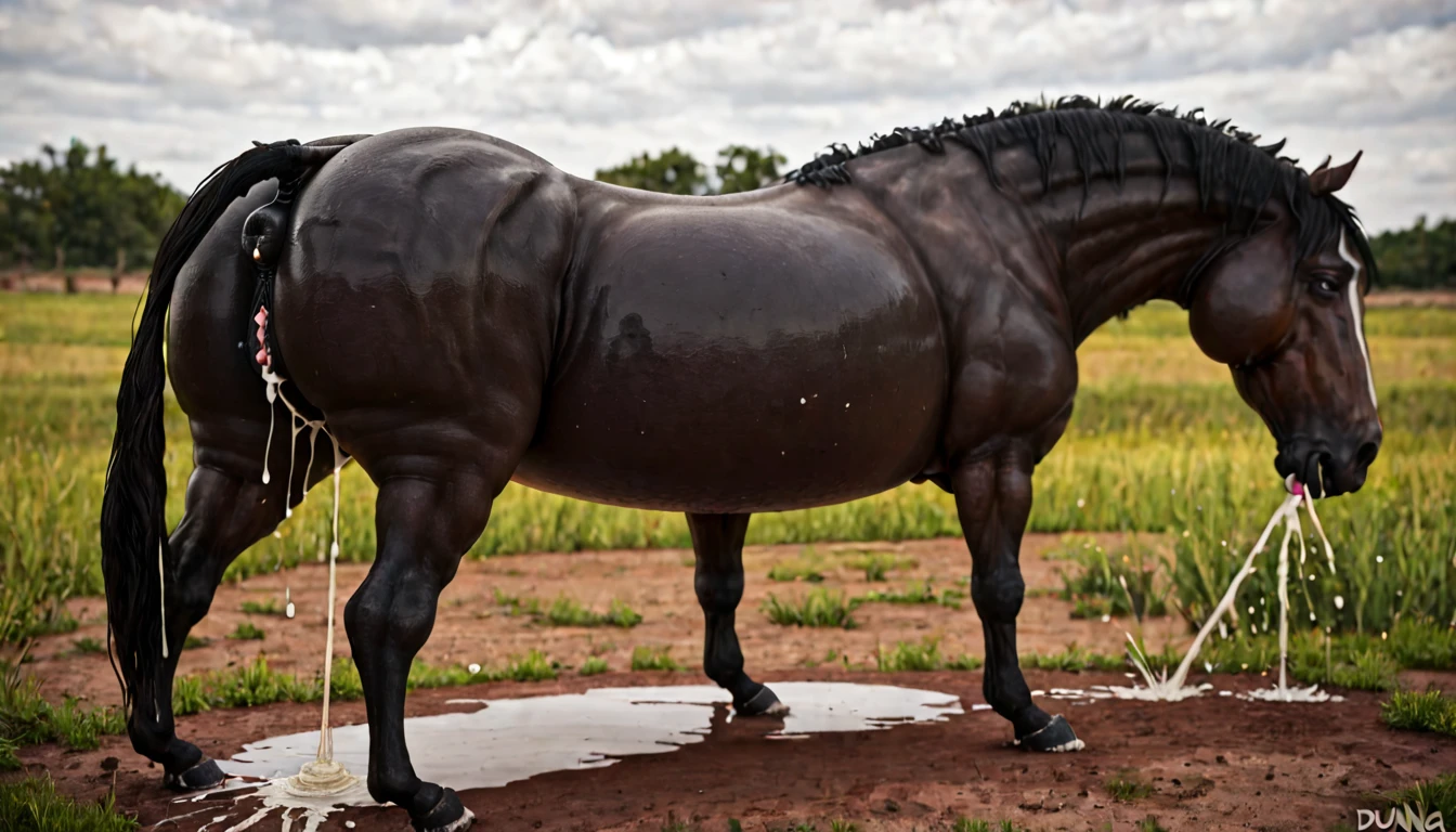 full rear view of a furry fat (black:4) draft horse mare standing in open field. 2 big lumps of horse dung (1,5) oozing out of rectum and anus at the centre of a big bum and sliding down legs. huge stream of light yellow urine pouring out of bum flooding (1,80) the ground under horse. facing away from view point - towards horizon. open rectum and anus in full view tail to left side. ((masterpiece)), ((best quality)), ((highres)), ((extremely detailed)), (( long distance back view)), (super realistic) . anatomically correct. bright sunny sky. (head(1,10), body, legs, hooves,(2.5)). (dung:2) on ground. horse ridden by a BBW African woman