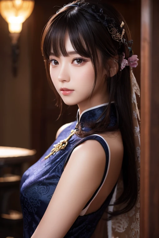 Highly detailed CG Unity 8k wallpaper, of the highest quality, super detailed, masutepiece, Realistic, photographrealistic, extremely detailed cute girl, 25 years old, ,, Upper body , ,Colossal ,Black eyes,navy blue silk cheongsam dress
