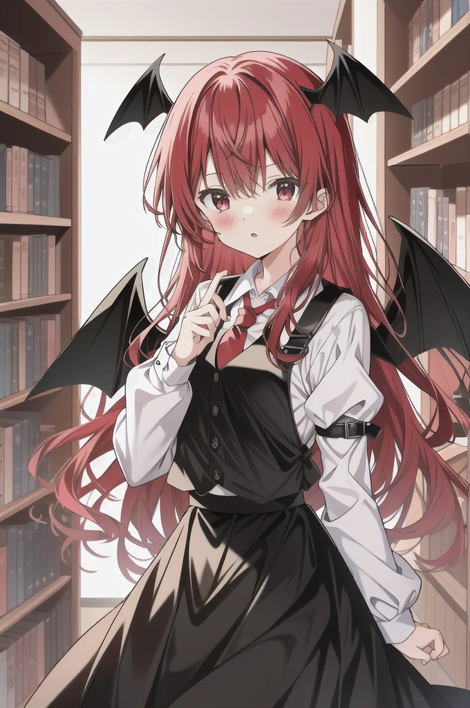 Koakuma, Alone, looking at viewer, Serious, holding book, bookshelf
 