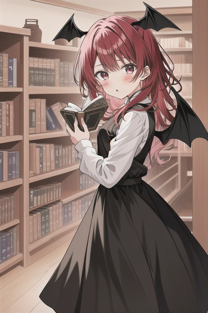 Koakuma, Alone, looking at viewer, Serious, holding book, bookshelf
 