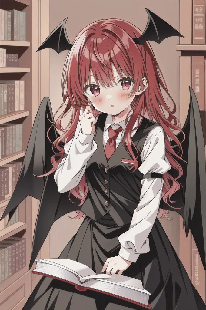 Koakuma, Alone, looking at viewer, Serious, holding book, bookshelf
 