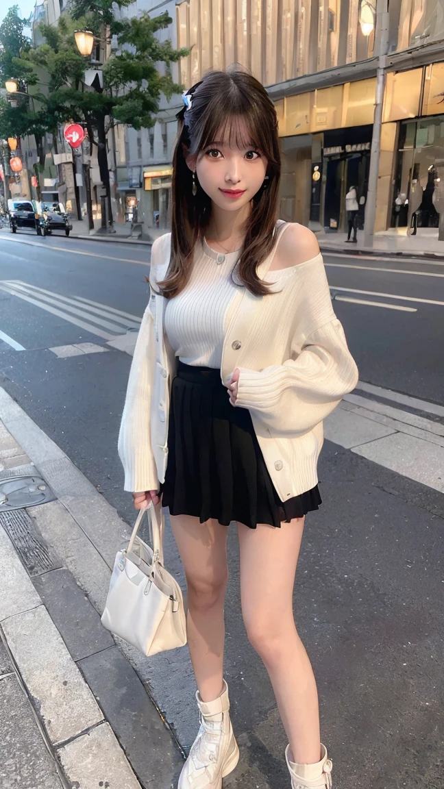 (8K、Raw photography、top-quality、​masterpiece:1.2)、(realisitic、Photorealsitic:1.37)、ultra-detailliert、超A high resolution、1 fair-skinned girl、beautifull detailed face、In the street、full body Esbian、poneyTail、hand bag、Cardigan、flered skirt、(glowing earrings)、a smile