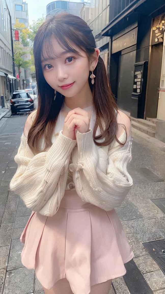 (8K、Raw photography、top-quality、masterpiece:1.2)、(realisitic、Photorealsitic:1.37)、ultra-detailliert、超A high resolution、1 fair-skinned girl、beautifull detailed face、In the street、full body Esbian、poneyTail、hand bag、Cardigan、flered skirt、(glowing earrings)、a smile
