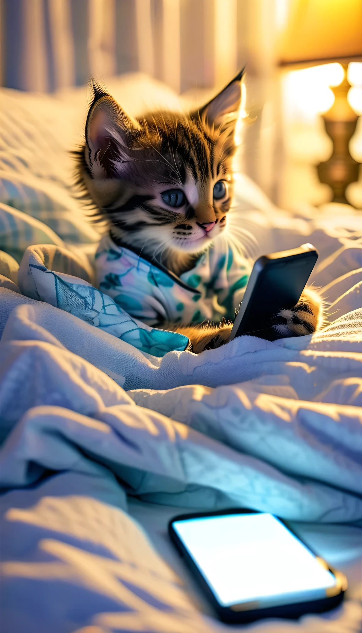 A kitten is lying on the bed in pajamas and looking at a smartphone