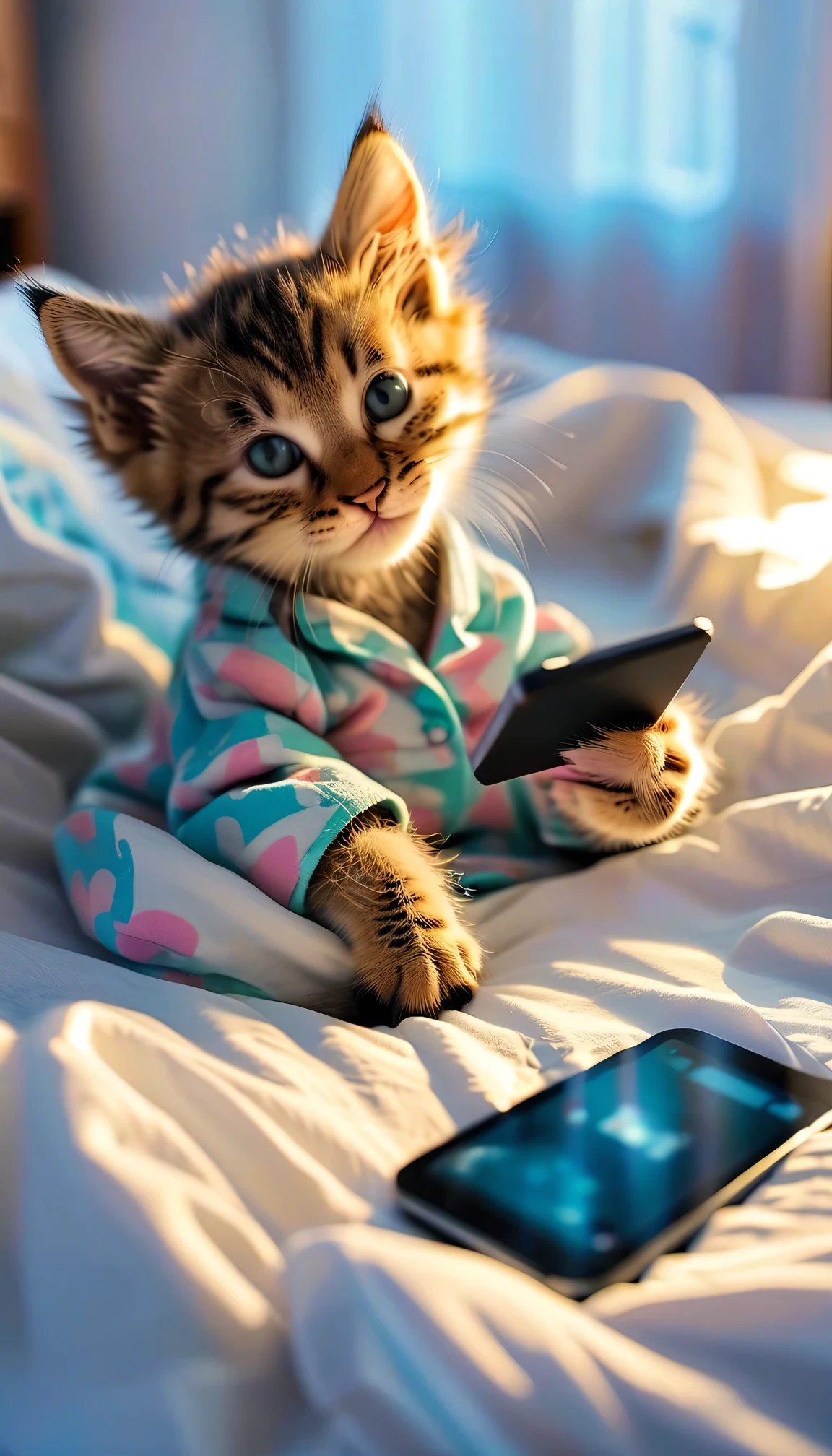 A kitten is lying on the bed in pajamas and looking at a smartphone