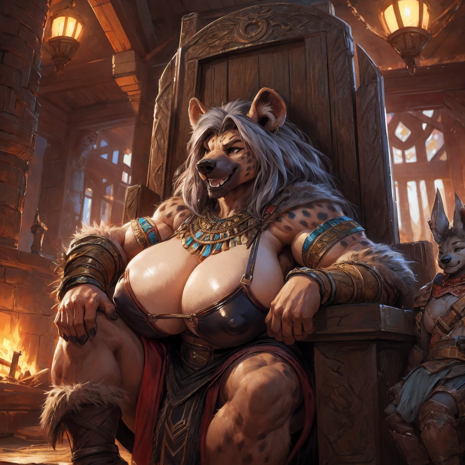 uploaded to e621.net, masterpiece, 8k, hyena woman, matriarch, female, beige fur, spots, gray hair, buff, muscular, barbarian queen, leather outfit, wooden throne, wooden keep, viking inspired room, seated, casual posture, buff, muscular, massive, bodybuilder, (huge breasts:1.2), nipple outline, covered breasts, laughing, crowded, supplicants, worshipers, by darkgem,