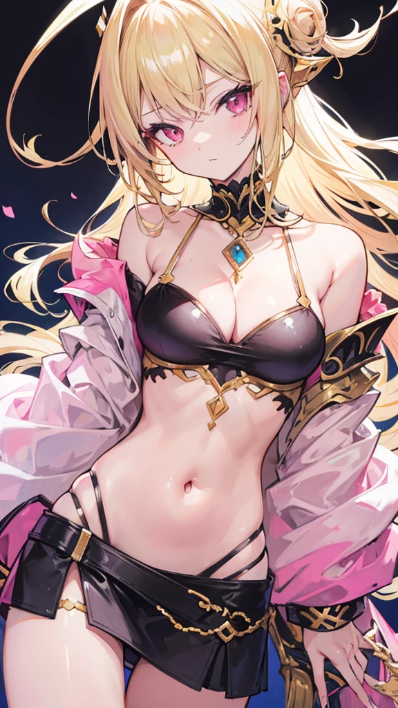 blond hair, pink eyes, Overfit off shoulder, navel, big bust