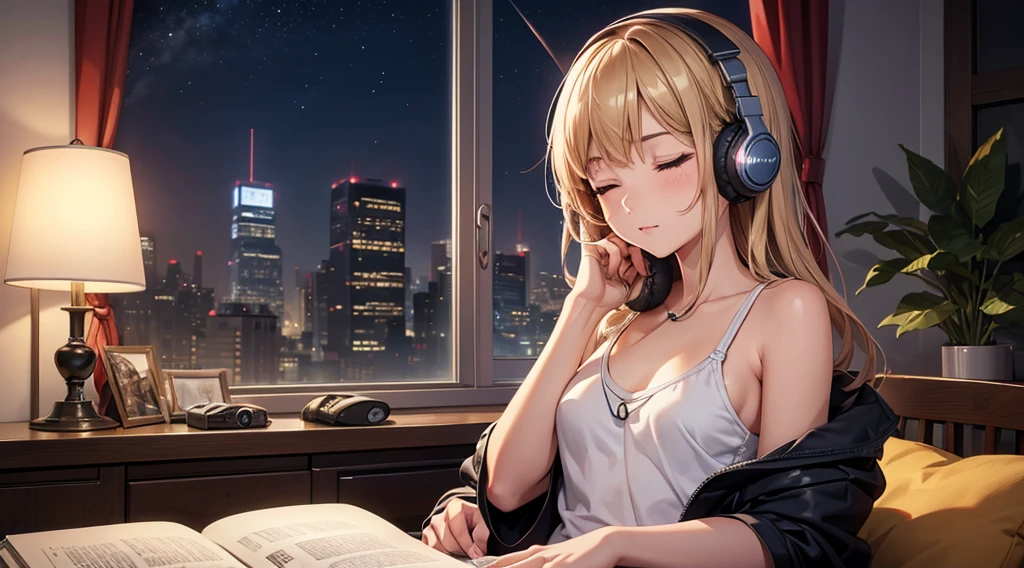 Girl with headphones enjoying music in a home　I am studying　Emphasize a little bit of the big chest　Looking towards me with eyes closed　Night Background