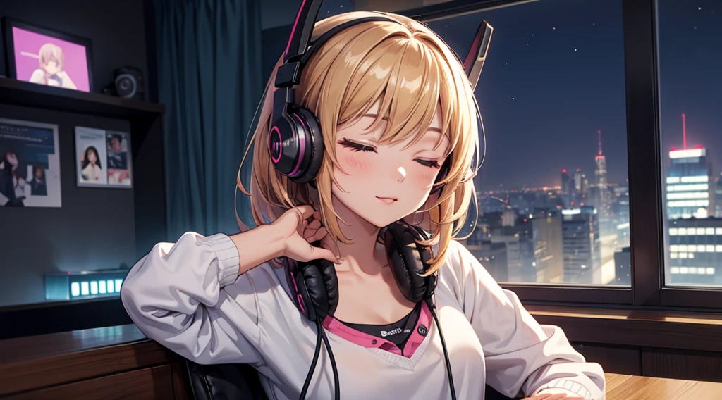 Girl with headphones enjoying music in a home I am studying Emphasize a little bit of the big chest Looking towards me with eyes closed Night Background