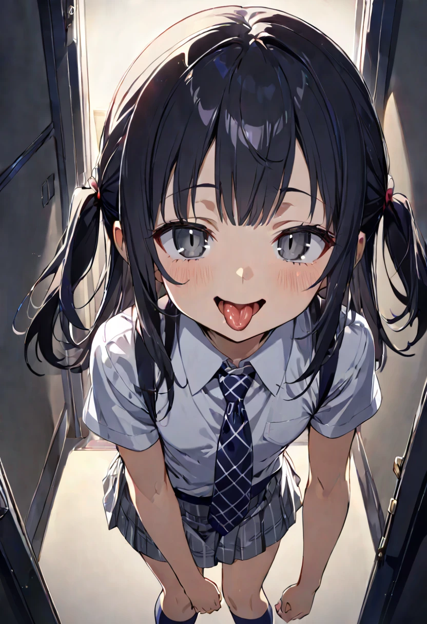 looking ahead,from above,Stanging,Hands Down,side view,face focus,open mouth,tongue out,cum on tongue,(1girl,Beautiful 14 year old girl),((Slender,Small breasts,Baby Face,Small face,)),looking at viewer,Black Hair,bangs,two side up,Gray Eyes,Drooping eyes,slit pupils,narrow eyes,,Short sleeve shirt,Grey checked tie,Grey checked mini skirt,Navy blue socks,Beautiful and detailed anime art,Mischievous smile,Dimly lit room,Simple Background,Gray background,Low lighting
