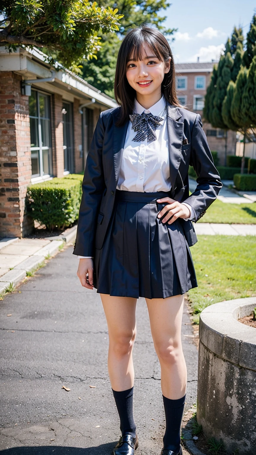 (8K、RAW Photos、Highest quality、masterpiece:1.2)、(Realistic、Realistic)、1 Girl、((Check mini skirt、High school uniform、blazer、Navy Socks、loafers、Medium Hair、black、Thin legs、garden、View from the front、smile、Looking into the camera、Stand with hands on hips))、cute