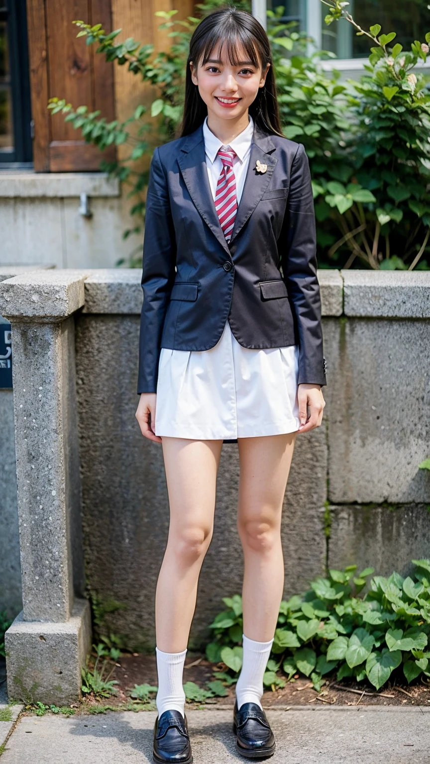 (8K、RAW Photos、Highest quality、masterpiece:1.2)、(Realistic、Realistic)、1 Girl、((Check mini skirt、High school uniform、blazer、Navy Socks、loafers、Medium Hair、black、Thin legs、garden、View from the front、smile、Looking into the camera、Stand with hands on hips))、cute