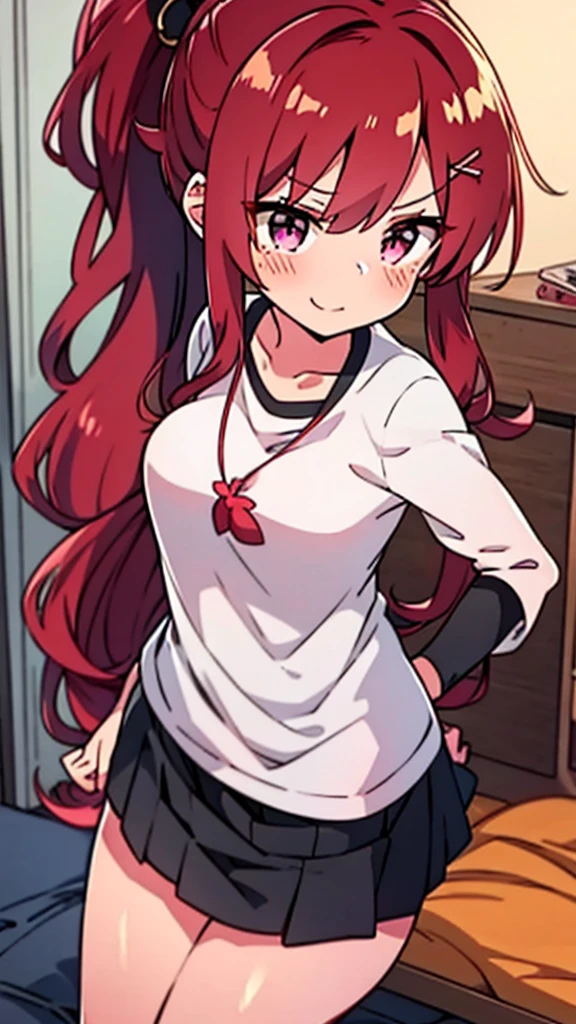 high tail hairstyle, Ponytail hairstyle, Long wavy black hair, standing posing, anime girl style, pixel art anime style,penetrating look with deep eyes,red and purple eyes, hair with a ponytail hairstyle trapped with a big red bun, Women, red hair clips, x color shaped hair clips , short white shirt, smooth receptionist miniskirt, smiling face blush, standing in his bedroom, next to his bed, receptionist clothes, lifting her skirt, grabbing her skirt with her hands to lift it up, letting her look at her underwear. 