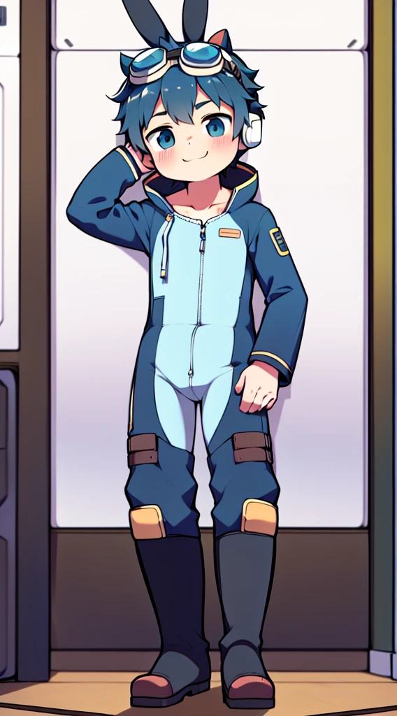 2D Shonen Shota，One-piece mountaineering suit，Slim, healthy body，Put the headphones on your head，stand up，goggles，Rabbit ears，Happy，Sailor collar，tie，Zipper down，boots，charming