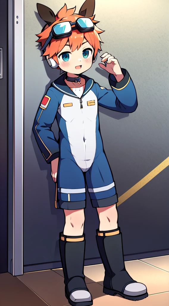 2D Shonen Shota,One-piece mountaineering suit,Slim, healthy body,Put the headphones on your head,stand up,goggles,Rabbit ears,Happy,Sailor collar,tie,Zipper down,boots,charming
