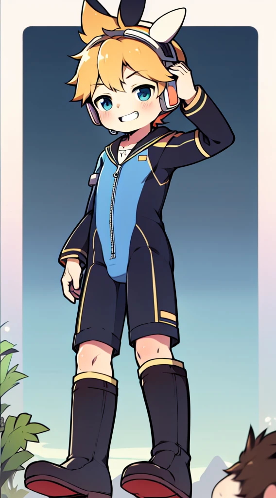 2D Shonen Shota,One-piece mountaineering suit,Slim, healthy body,Put the headphones on your head,stand up,goggles,Rabbit ears,Happy,Sailor collar,tie,Zipper down,boots,charming