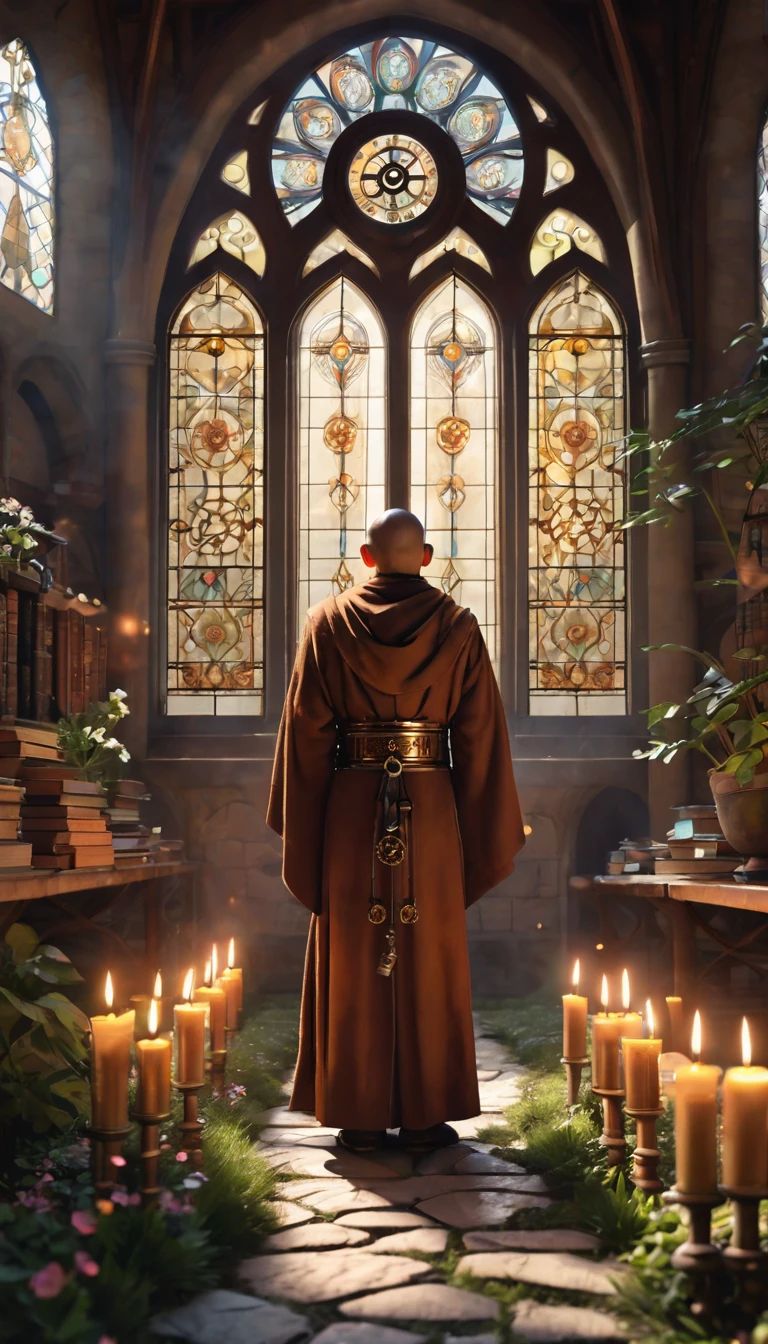 (best quality,4k,8k,highres,masterpiece:1.2),ultra-detailed,(realistic,photorealistic,photo-realistic:1.37),medieval monastery garden,steampunk robot monk,beautiful ornate architecture,steampunk machinery and gears,exquisite stained glass windows,enchanted flower garden,ancient stone walkway with intricate carvings,glowing candles and dimly lit atmosphere,steam and smoke billowing from the machinery,mystical atmosphere,peaceful and serene setting,mechanical wings attached to the robot monk's back,robot monk with intricate clockwork mechanisms,electromechanical eyes glowing with energy,warm golden color palette,gentle sunlight streaming through the stained glass windows,whispering sound of wind and rustling leaves,the scent of aged books and incense,notes of ancient Gregorian chants echoing in the air,sense of awe and tranquility,combination of futuristic and medieval elements,harmony of technology and spirituality.