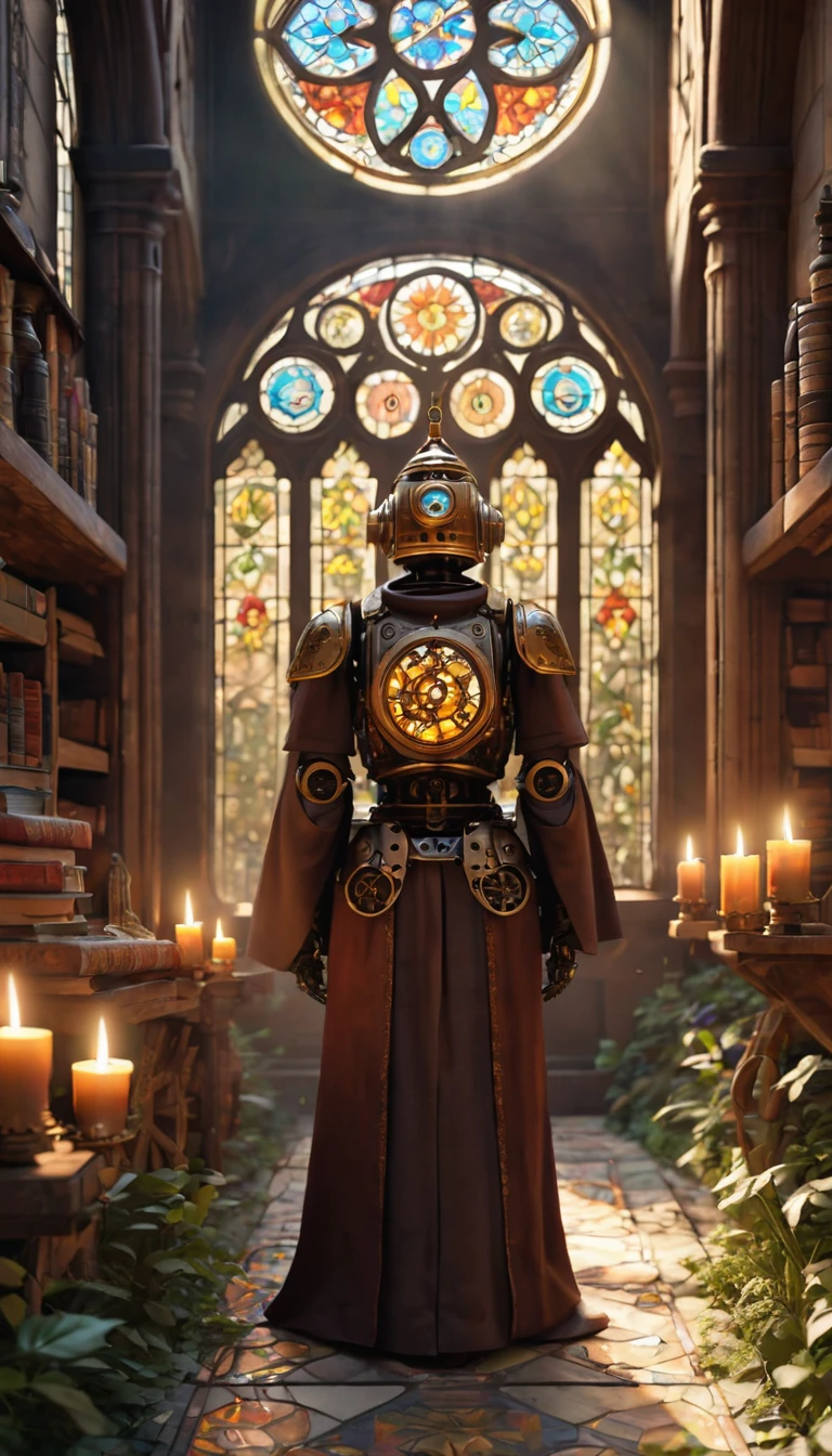 (best quality,4k,8k,highres,masterpiece:1.2),ultra-detailed,(realistic,photorealistic,photo-realistic:1.37),medieval monastery garden,steampunk robot monk,beautiful ornate architecture,steampunk machinery and gears,exquisite stained glass windows,enchanted flower garden,ancient stone walkway with intricate carvings,glowing candles and dimly lit atmosphere,steam and smoke billowing from the machinery,mystical atmosphere,peaceful and serene setting,mechanical wings attached to the robot monk's back,robot monk with intricate clockwork mechanisms,electromechanical eyes glowing with energy,warm golden color palette,gentle sunlight streaming through the stained glass windows,whispering sound of wind and rustling leaves,the scent of aged books and incense,notes of ancient Gregorian chants echoing in the air,sense of awe and tranquility,combination of futuristic and medieval elements,harmony of technology and spirituality.