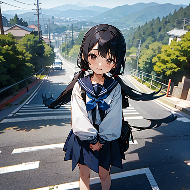 1girl, standing, gentle smile, 15yo, head tilt,
(low twintails), low pigtails, black hair, very long hair,
BREAK
navy blue sailor  with blue ribbon, long sleeves,
BREAK 
dark brown eyes, 1 school bag on right shoulder, 
BREAK
from front, from a little above,
((sloped road, downhill), wide single road in Japan, stylish, urban, city area),
electric pole, white line on the road, trees, white residences, high ground in a port town,
distant urban cityscape, sea in the distance, gantry crane, nice views, afternoon, 
anime, high brightness,
(high quality, ultra detailed, masterpiece), FHD