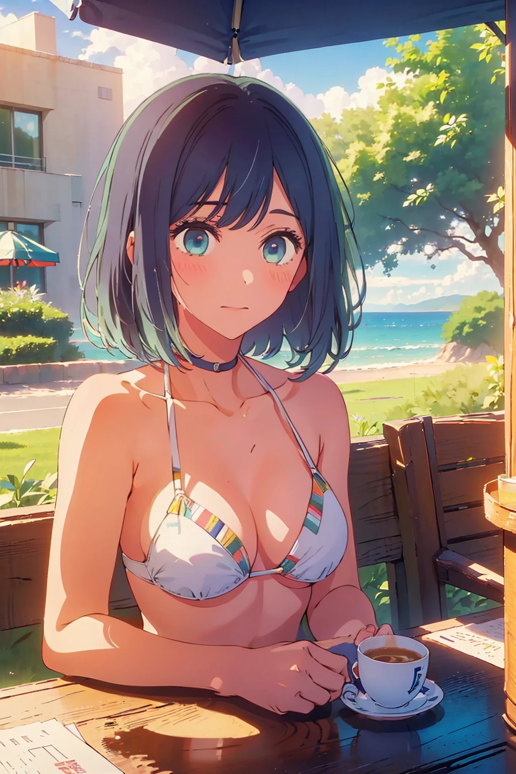 (Highest quality:1.4、masterpiece:1.4、Super detailed:1.4、8K:1.4)、F cup bust、Big Breasts、Slim body、((((1 person、Surprised expression、sit、Outdoor café terrace、coastal、juice、table、Sandy Beach、bikini、juiceのグラスを持つ、Big eyes、Shallow depth of field、Very cute face))))、sunset、Sunset