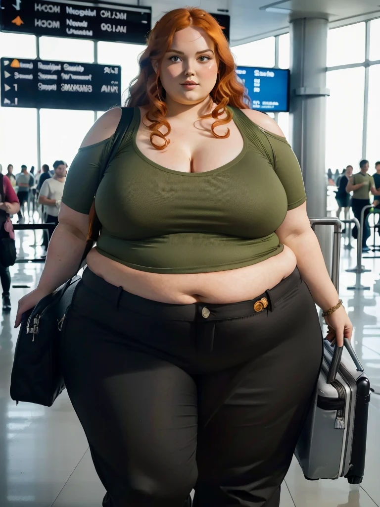 A plane passenger detailed photo of a Beautiful ginger SSBBW, with long wavy ginger hair, with big soft fat belly, thicc fat arms, thicc wide legs, big breast, in a cute green top tucked in her pants, and black pants, in an airport waiting for the plane, with only one big shoulder bag on her shoulder
