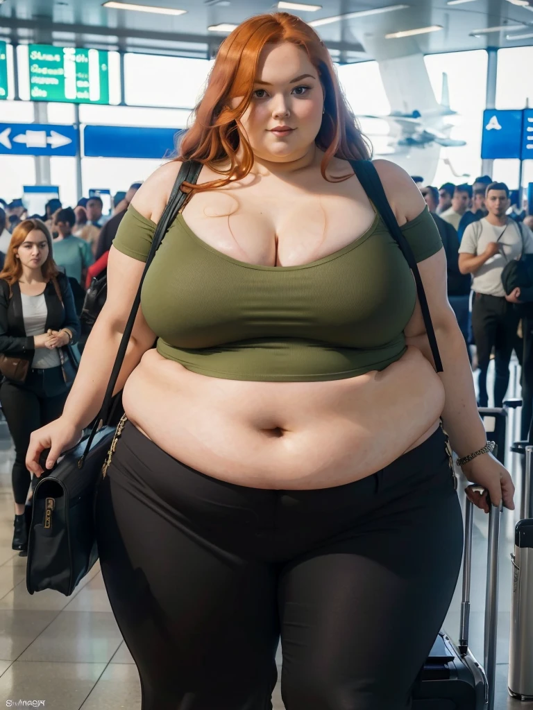 A plane passenger detailed photo of a Beautiful ginger SSBBW, with long wavy ginger hair, with big soft fat belly, thicc fat arms, thicc wide legs, big , in a cute green top tucked in her pants, and black pants, in an airport waiting for the plane, with only one big shoulder bag on her shoulder