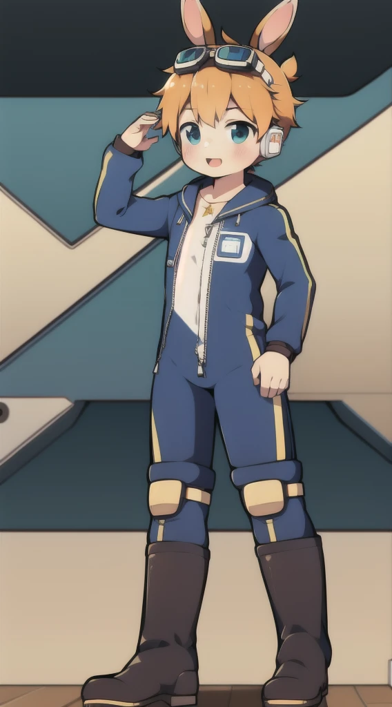 2D Shonen Shota,One-piece mountaineering suit,Slim, healthy body,Put the headphones on your head,stand up,goggles,Rabbit ears,Happy,Sailor collar,tie,Zipper down,boots,charming