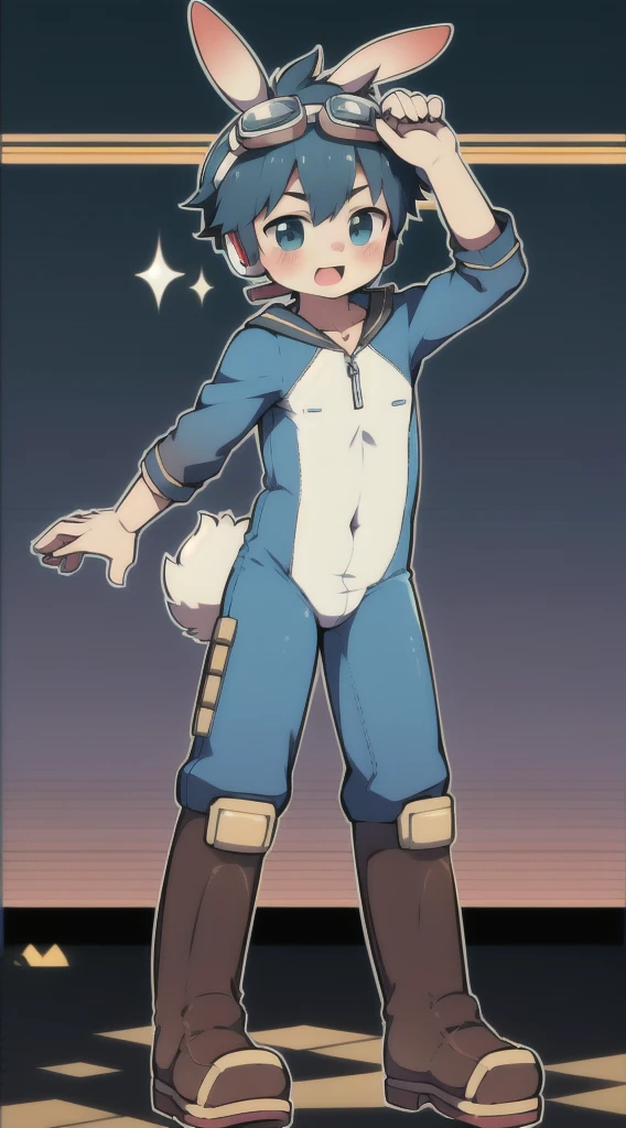 2D Shonen Shota,One-piece mountaineering suit,Slim, healthy body,Put the headphones on your head,stand up,goggles,Rabbit ears,Happy,Sailor collar,tie,Zipper down,boots,charming