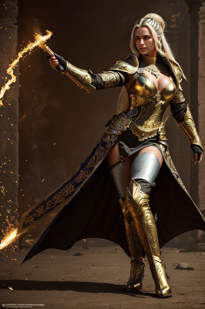 Create an image of a majestic and imposing female character named Selena. She is an Eldritch Knight/Mage with noble features and an aura of power and elegance. Selena has long, silky, well-kept platinum blonde hair, elaborately braided into an elegant bun, with a few loose strands framing her symmetrical, refined face. Her eyes are a deep blue, shining with a magical intensity, and she displays a charming, mesmerizing smile. Her skin is flawless and clear, with no imperfections. She wears dazzling and luxurious full armor, with a golden finish that shines brightly. The armor is adorned with precious jewels and inlays of magical stones, displaying patterns of flowers and arabesques. High boots complete her look, providing both protection and style. In one hand, she holds an intricately decorated, golden, two-handed war dough, also adorned with shining jewels. The war dough is a piece of art, but at the same time a lethal weapon. Selena is in a confident and majestic posture, erect, with an air of superiority. She is on a battlefield, surrounded by a magical aura, with sparks of arcane energy surrounding her. The background can show an epic battle scenario with fallen enemies and magical explosions. Selena should be the focal point, highlighting her powerful and mesmerizing presence. Use a high-quality, detailed art style, taking inspiration from medieval fantasy and Dungeons & Dragons aesthetics. The image should capture both Selena's beauty and power, making her appear an unforgettable and majestic figure on the battlefield.