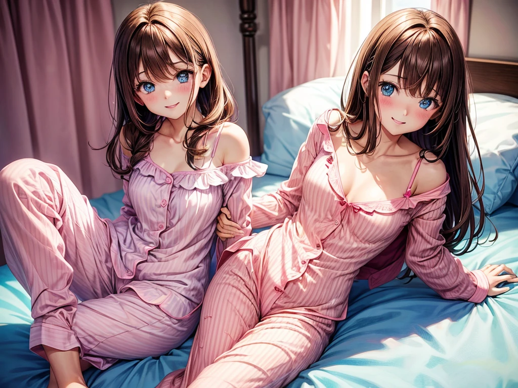 one cute woman, brown hair, blue eyes, (pink pajamas girly), transparent pajamas, in a girl's room, the pajamas are unbuttoned, she smiles, open shoulders, and nice hips, sexy pose, open breasts