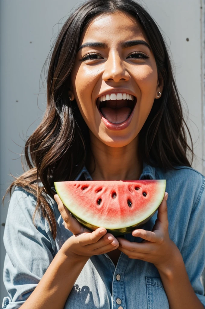 Woman holds a huge whole watermelon inside her mouth