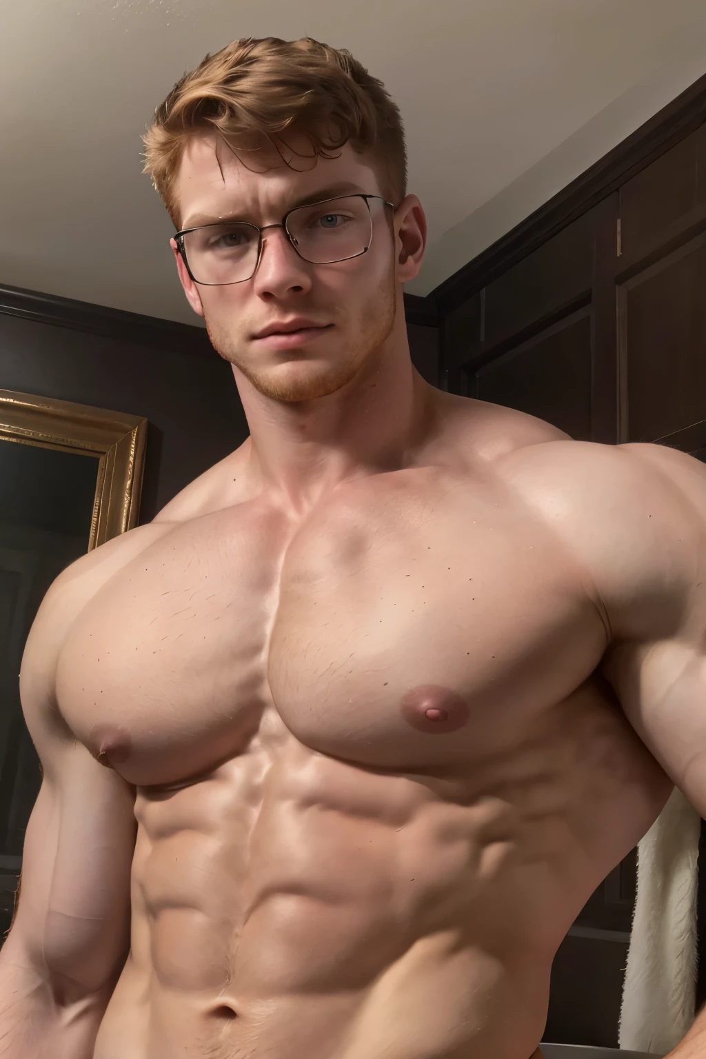 A portrait of a handsome muscular redhead young man with short hair wearing glasses looking sternly at the camera, shirtless ripped, (Best quality, 4k, Masterpiece :1.3), huge pecs , pink nipples, pale skin, lean, closeup, broad shoulders, symmetrical eyes, facial hair, perky nipples