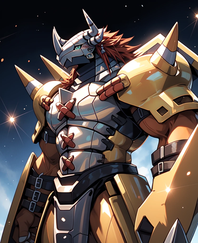 Masterpieces,official art,anthro,male,(wargreymon:1.2),Delicate face,Delicate eyes,helmet, armor, horn, digimon, upper body, depth of field, perfect lighting, light particles,(best quality),(masterpiece),(ultra detailed),sharp focus,light particles, fighting posture