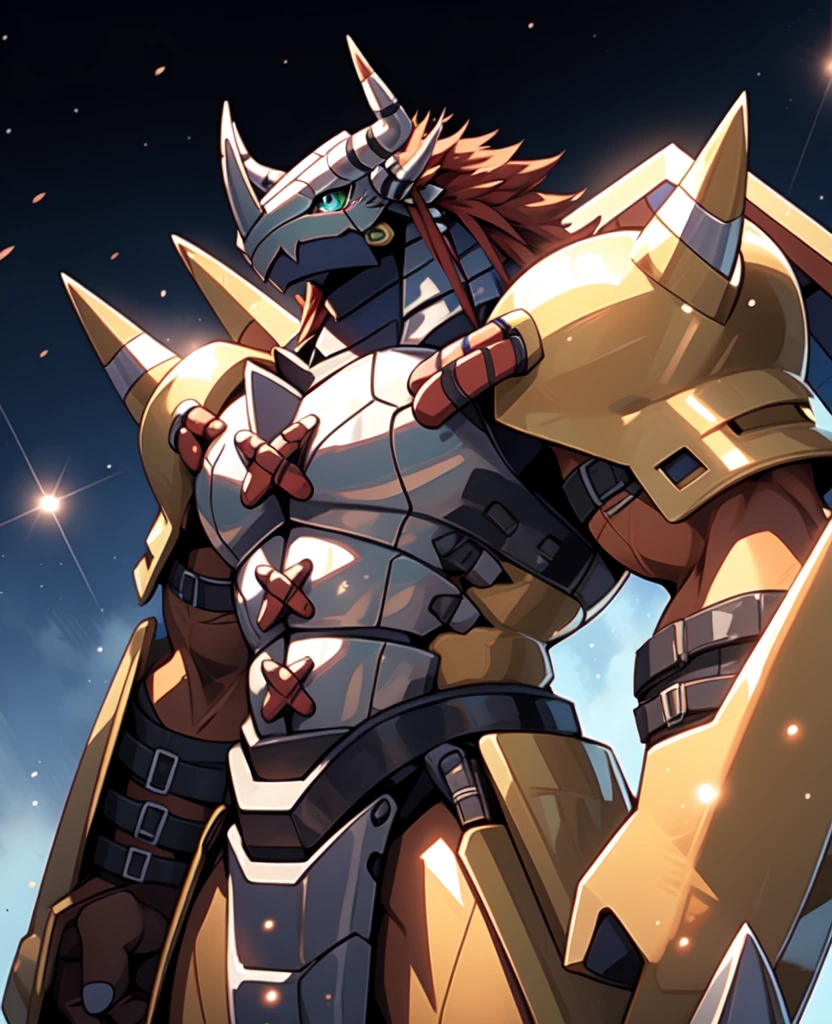 Masterpieces,official art,anthro,male,(wargreymon:1.2),Delicate face,Delicate eyes,helmet, armor, horn, digimon, upper body, depth of field, perfect lighting, light particles,(best quality),(masterpiece),(ultra detailed),sharp focus,light particles, fighting posture 