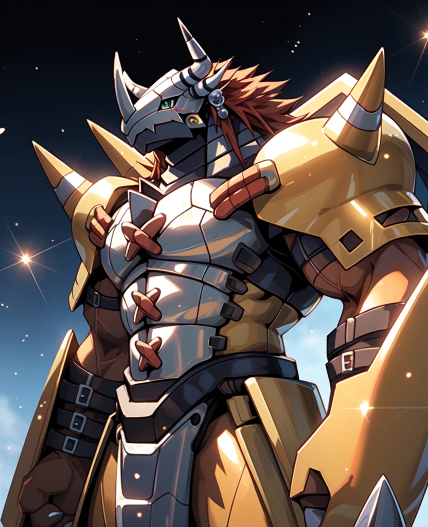 Masterpieces,official art,anthro,male,(wargreymon:1.2),Delicate face,Delicate eyes,helmet, armor, horn, digimon, upper body, depth of field, perfect lighting, light particles,(best quality),(masterpiece),(ultra detailed),sharp focus,light particles, fighting posture